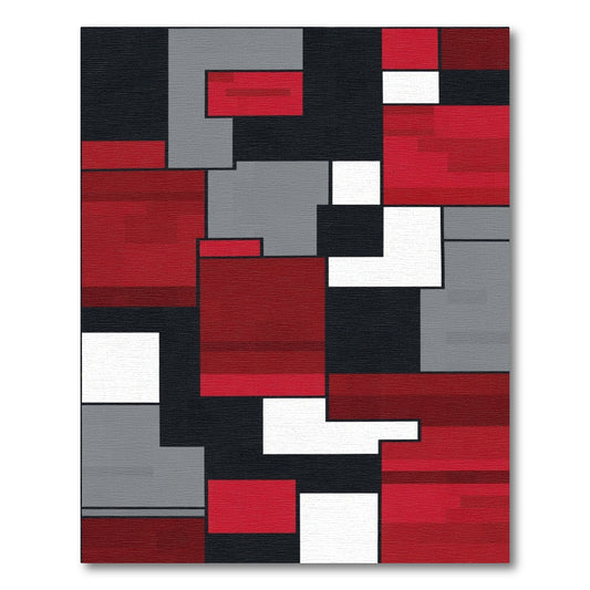 Bold Red Gray Geometric Blocks Rug