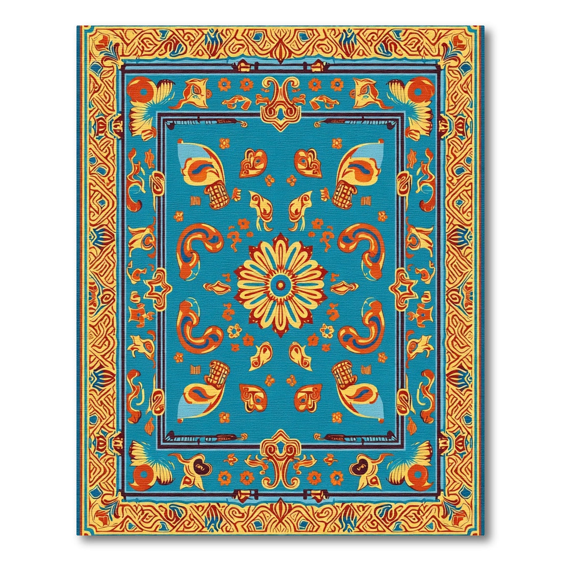 Turquoise Ochre Medallion Bird Border Rug