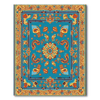 Turquoise Ochre Medallion Bird Border Rug