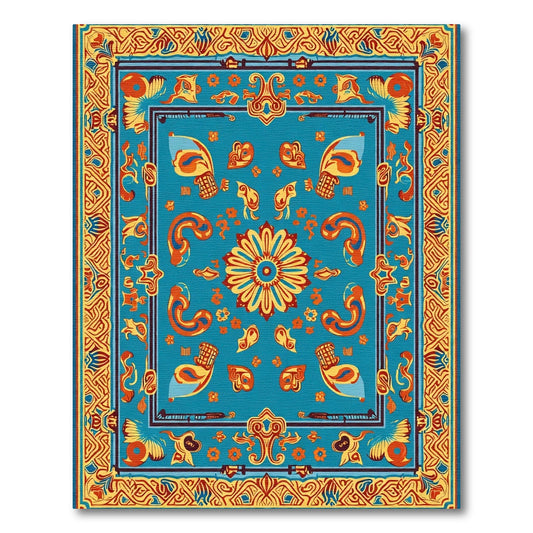 Turquoise Ochre Medallion Bird Border Rug