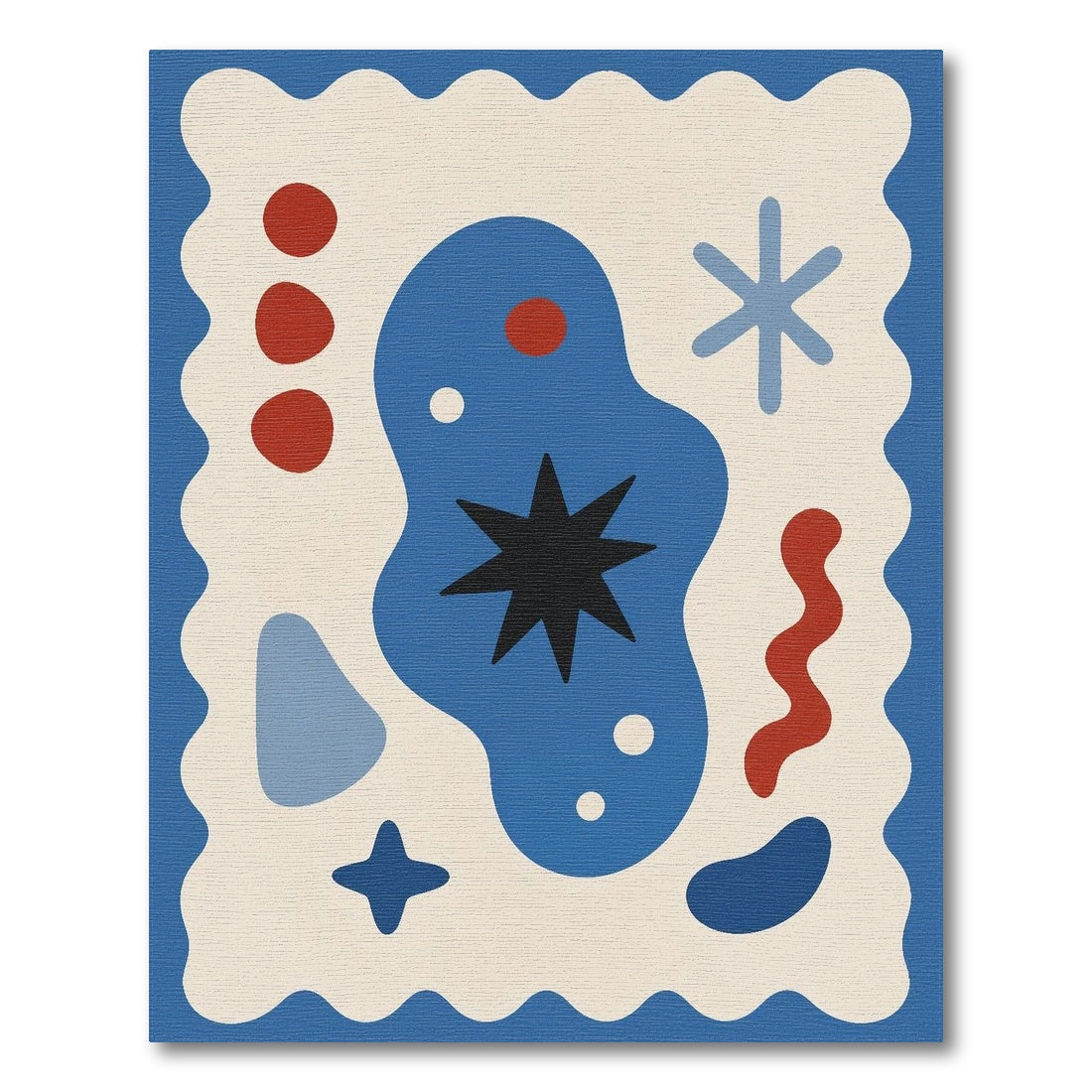 Abstract Blue Star Area Rug with Wavy Border