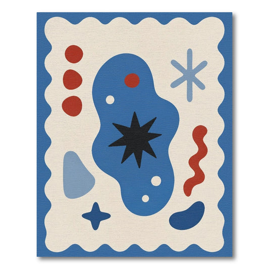 Abstract Blue Star Area Rug with Wavy Border