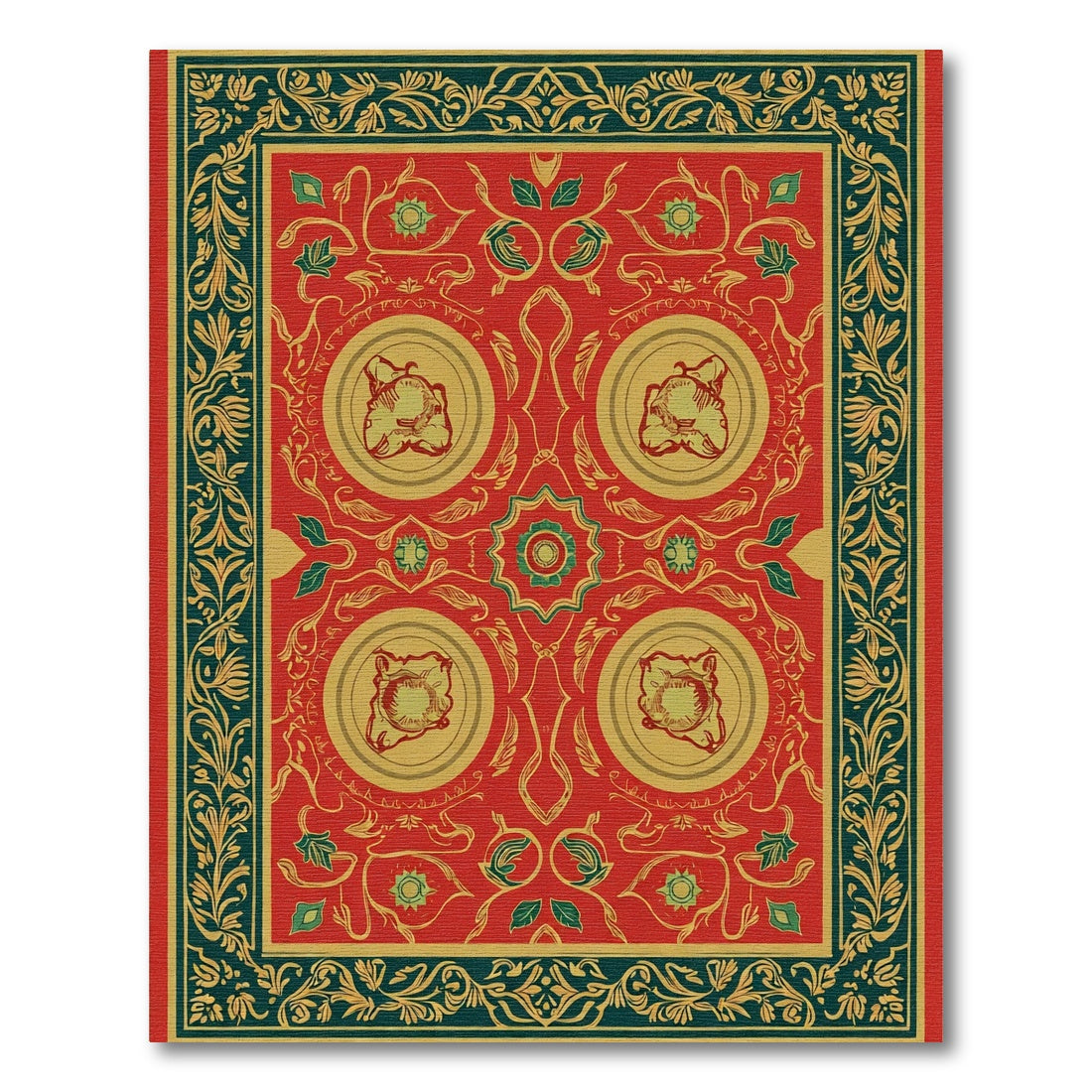 Ornate Red Gold Floral Medallion Border Rug