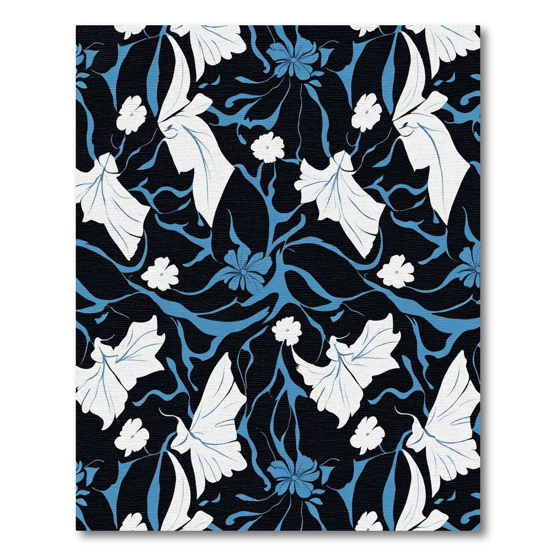 Navy Blue White Floral Swirl Rug