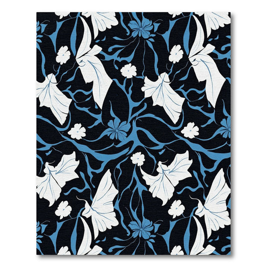 Navy Blue White Floral Swirl Rug