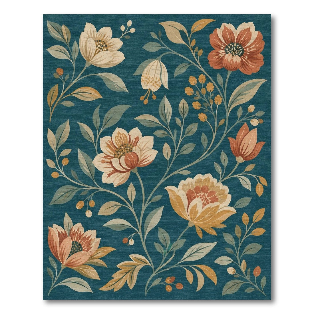 Washable Teal Floral Vintage Washable Area Rug
