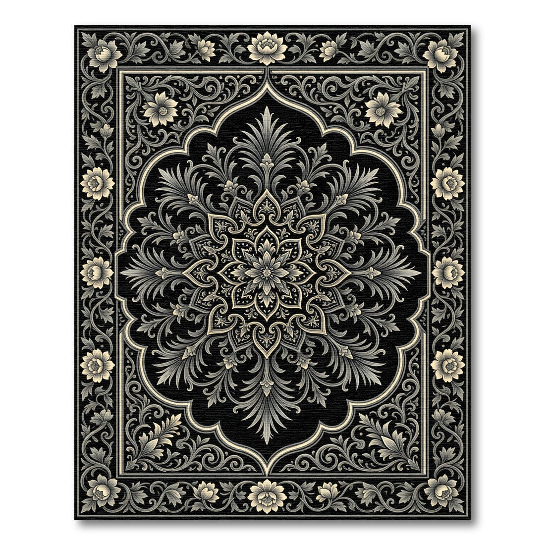 Ornate Black Floral Medallion Rug