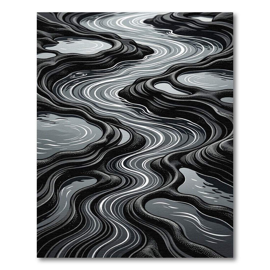 Monochrome Wavy River Landscape Rug
