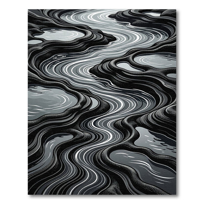 Monochrome Wavy River Landscape Rug