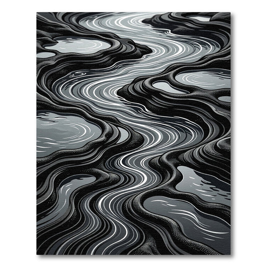Monochrome Wavy River Landscape Rug