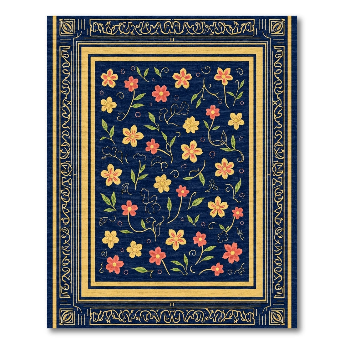 Coral Yellow Flower Botanical Border Rug