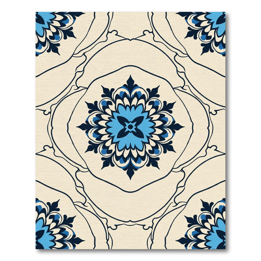 Cream Blue Floral Medallion Art Rug