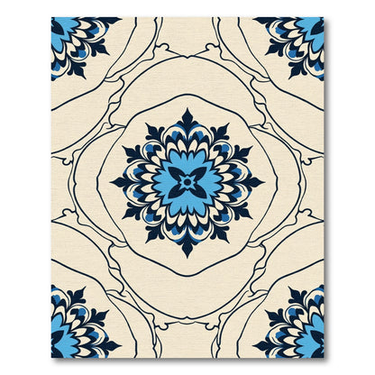 Cream Blue Floral Medallion Art Rug