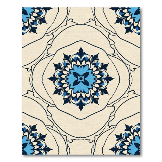 Cream Blue Floral Medallion Art Rug