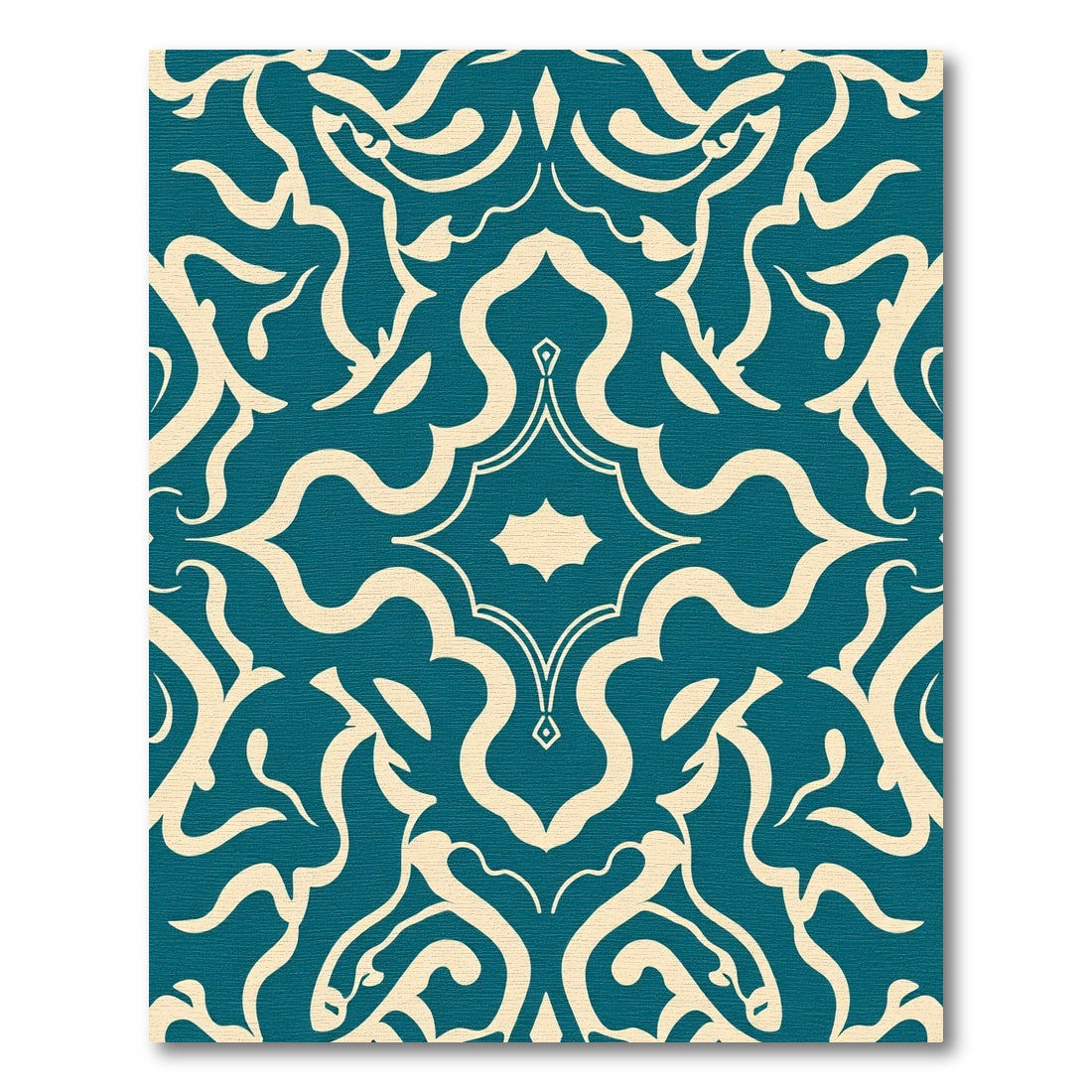Teal Cream Damask Scrollwork Rug
