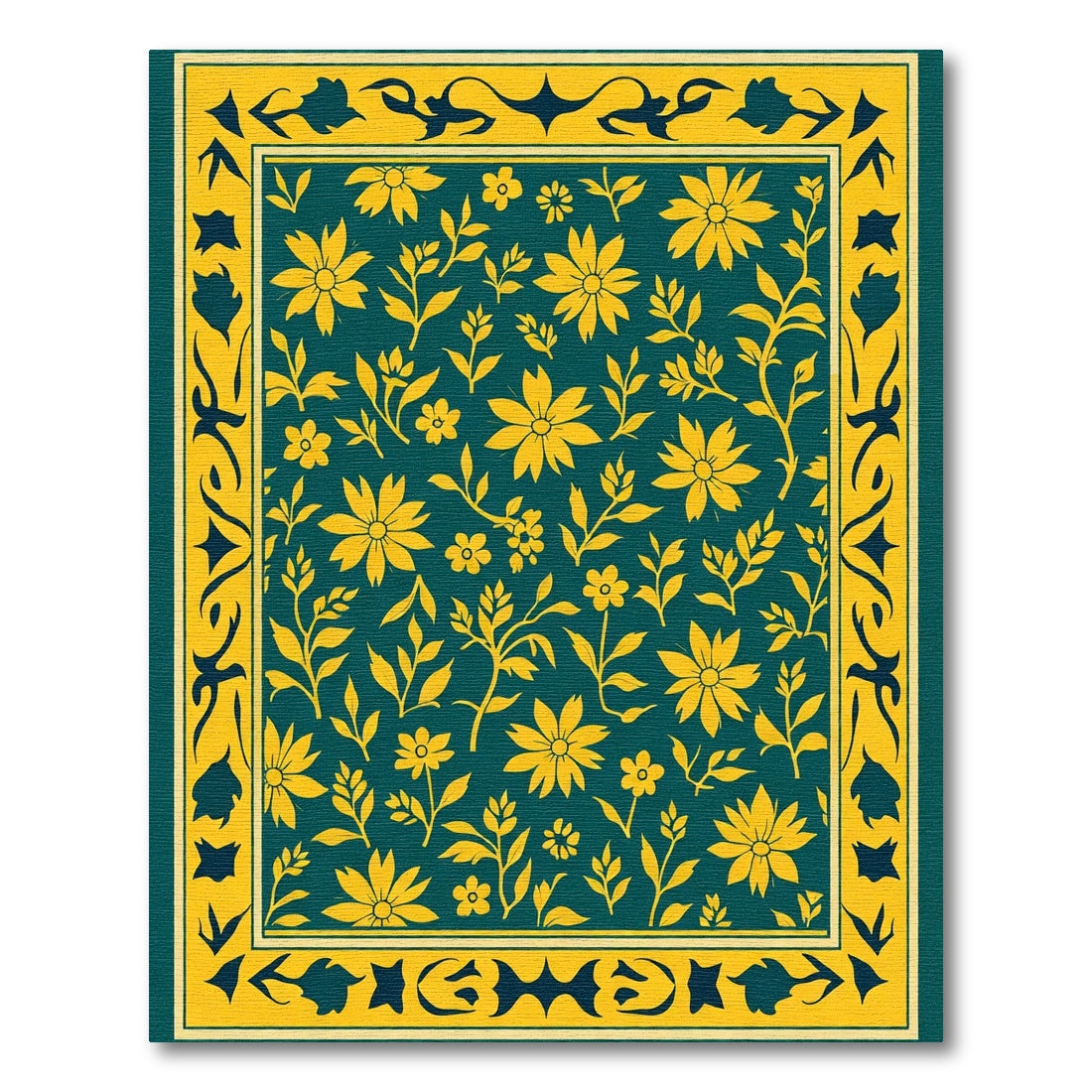 Teal Yellow Floral Branch Border Rug