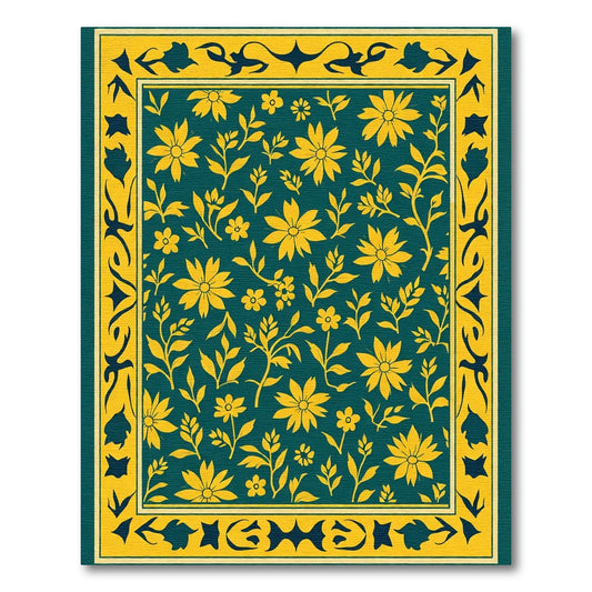 Teal Yellow Floral Branch Border Rug