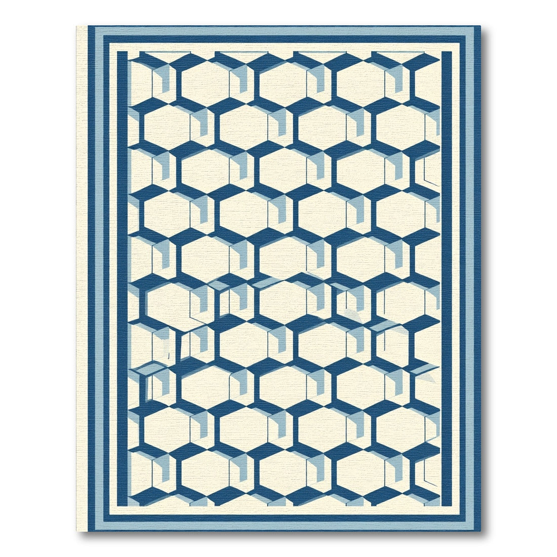 Blue Geometric Hexagon Stripe Border Rug