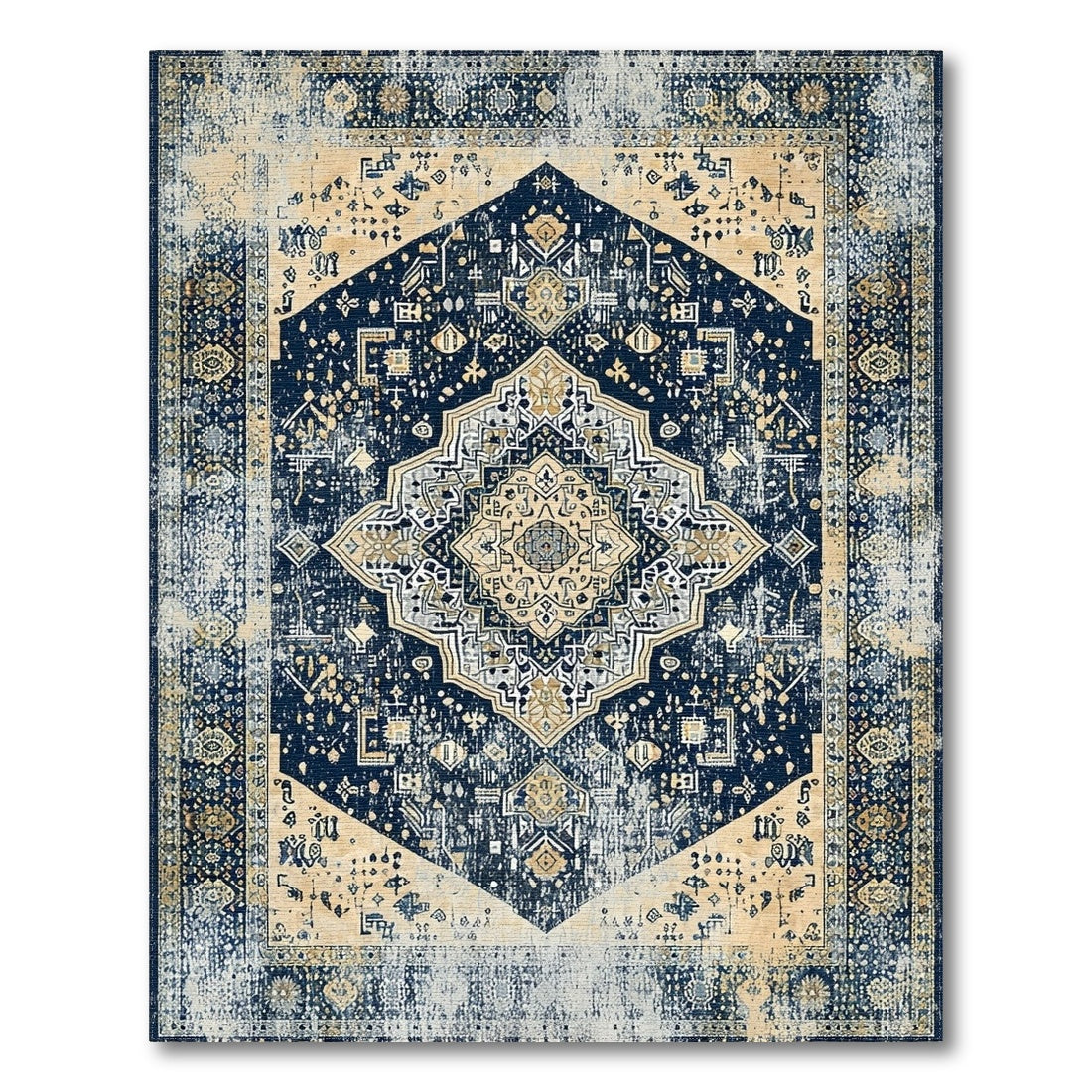 Navy Blue Distressed Vintage Medallion Rug