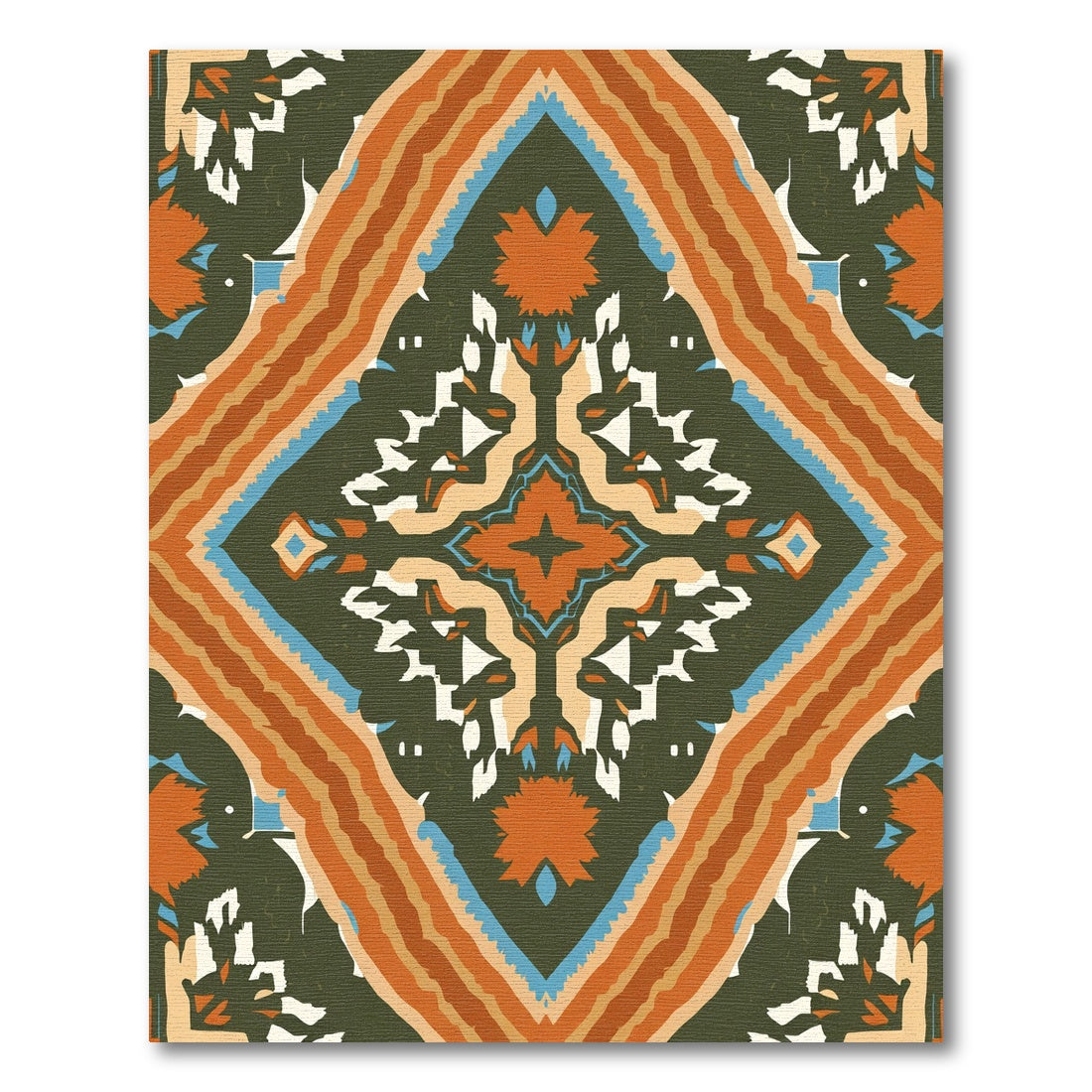 Olive Orange Blue Diamond Complex Medallion Rug