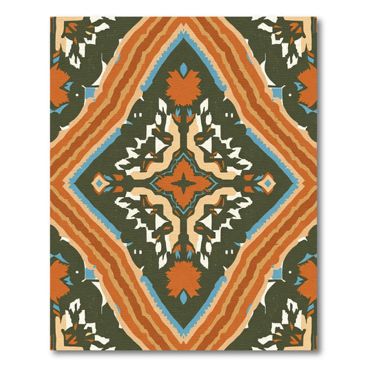 Olive Orange Blue Diamond Complex Medallion Rug