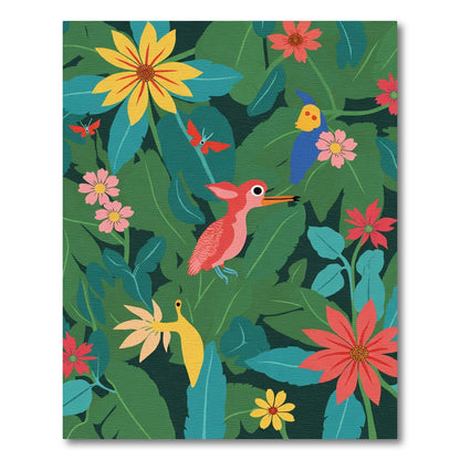 Red Pink Bird Tropical Jungle Flowers Rug