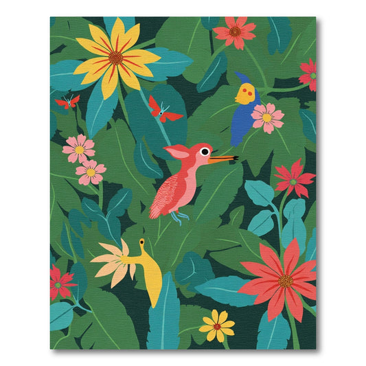 Red Pink Bird Tropical Jungle Flowers Rug
