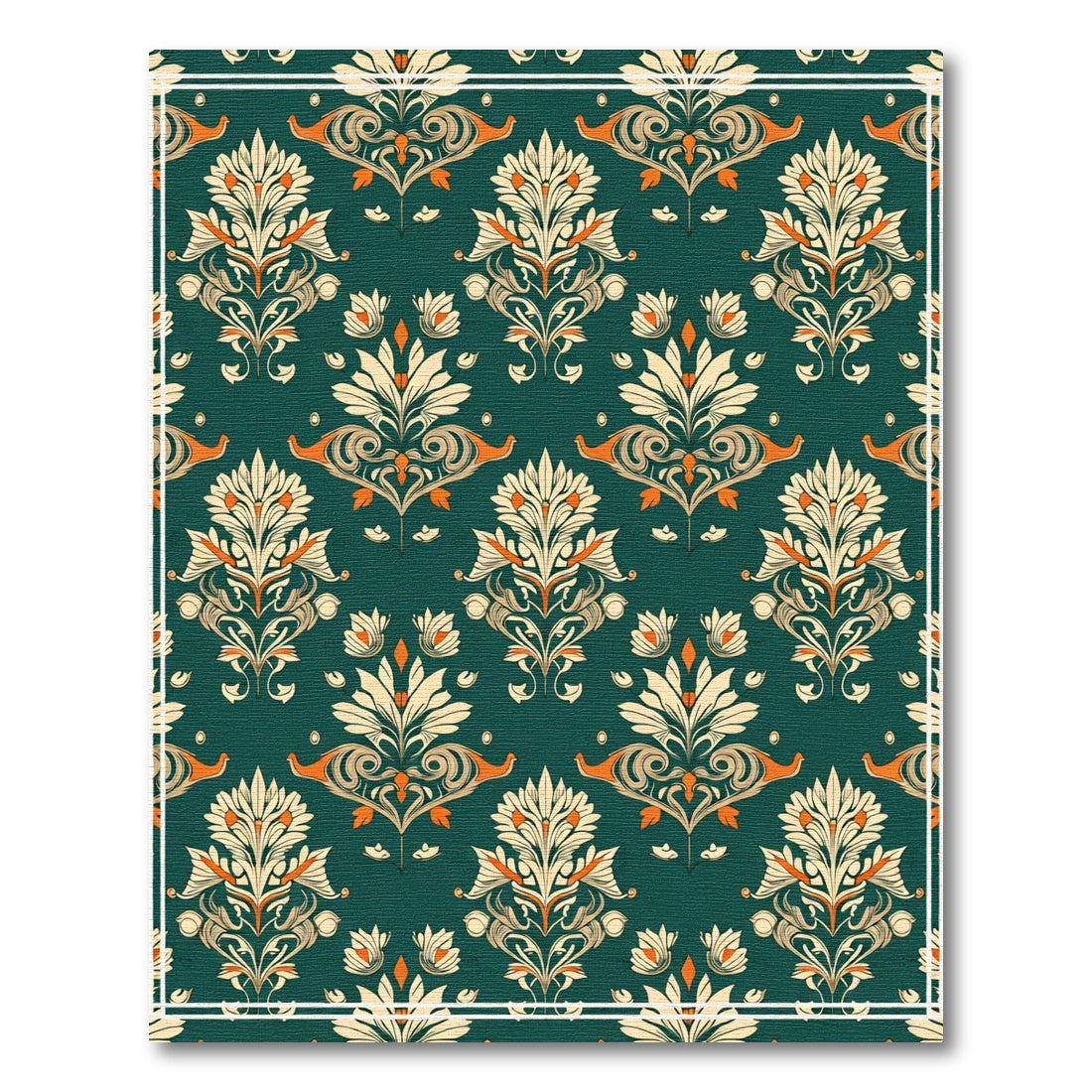 Dark Green Floral Damask Scrollwork Rug