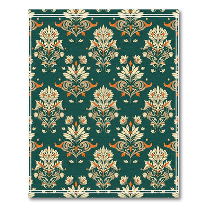 Dark Green Floral Damask Scrollwork Rug