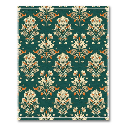 Dark Green Floral Damask Scrollwork Rug