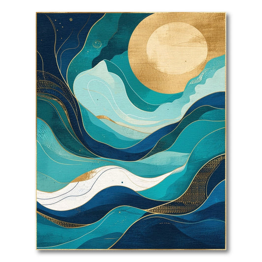 Blue Teal Coastal Wave Gold Sun Area Rug