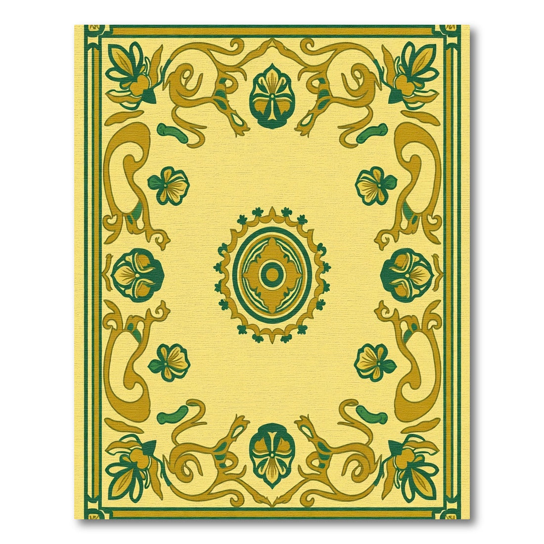 Yellow Green Floral Crested Border Rug