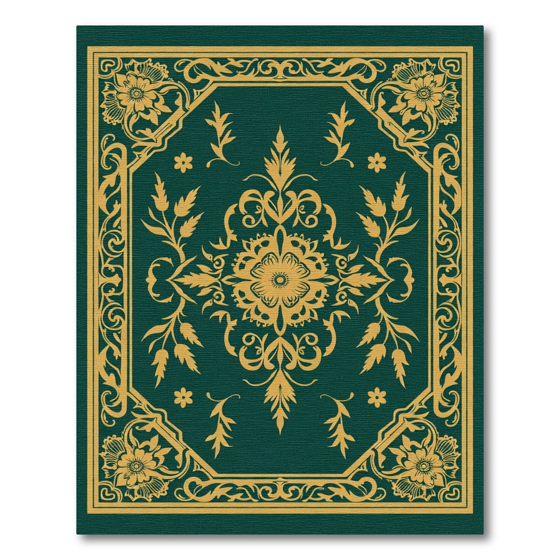 Gold Floral Medallion Green Ornate Rug