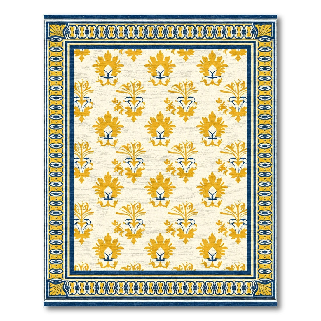 Yellow Blue Floral Damask Border Rug