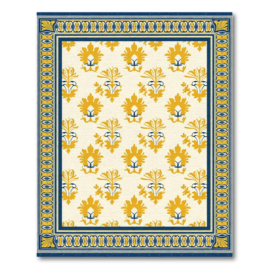 Yellow Blue Floral Damask Border Rug