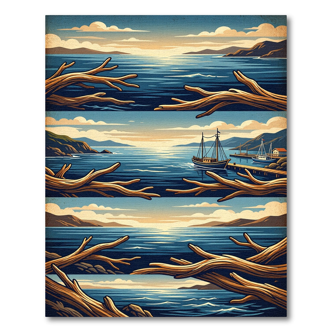Coastal Scene With Natural Wood Branches Rug
