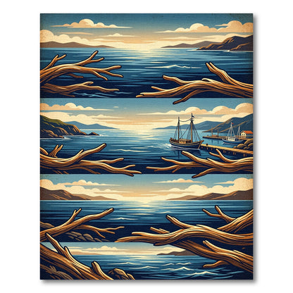 Coastal Scene With Natural Wood Branches Rug