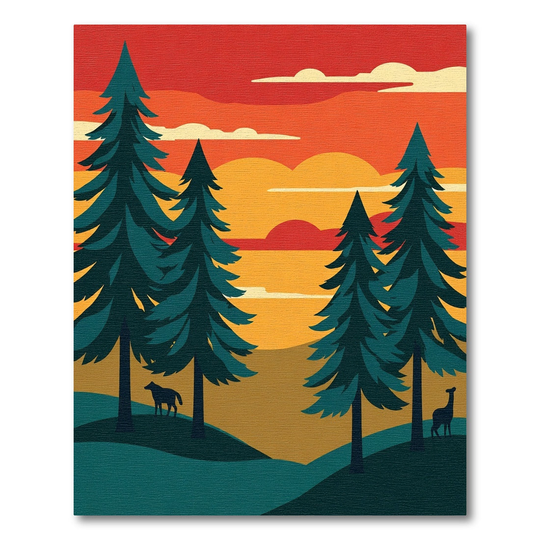 Sunset Pine Forest Animals Rug