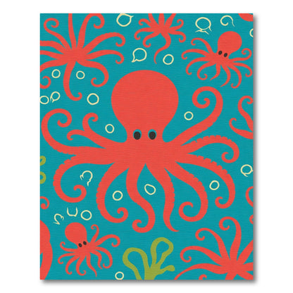 Red Octopi Teal Whimsical Aquatic Rug
