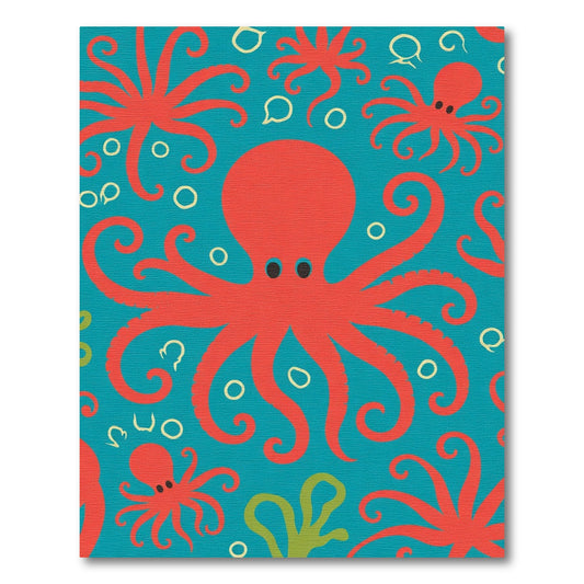 Red Octopi Teal Whimsical Aquatic Rug