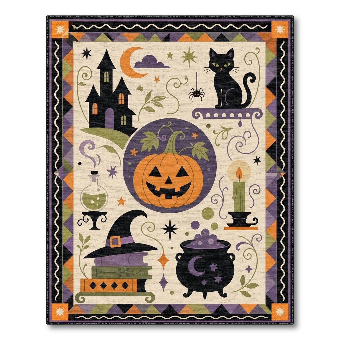 Halloween Multi-color and Patterns Halloween Black Cat Pumpkin Area Rug