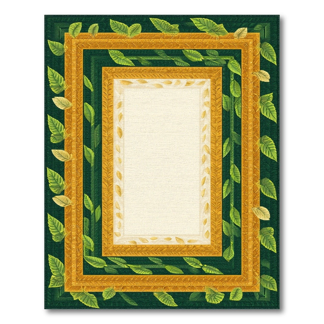 Green Gold Leaf Ornate Frame Area Rug