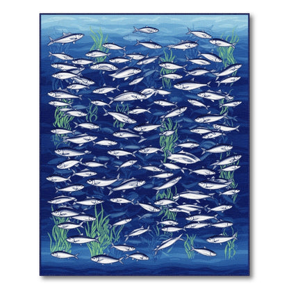 Blue Ocean Fish School Washable Area Rug