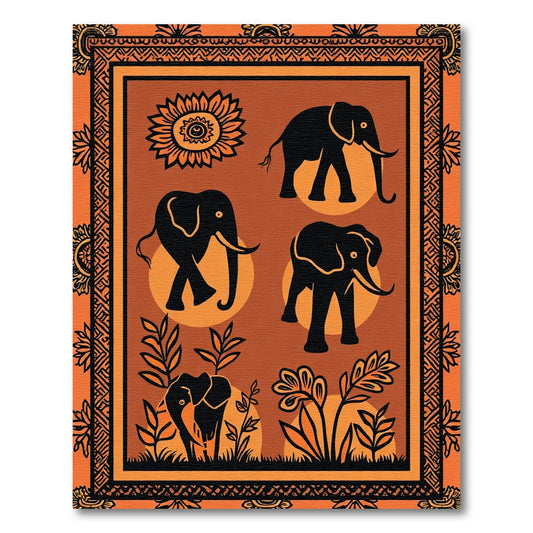 Orange Black Elephant Floral Border Rug