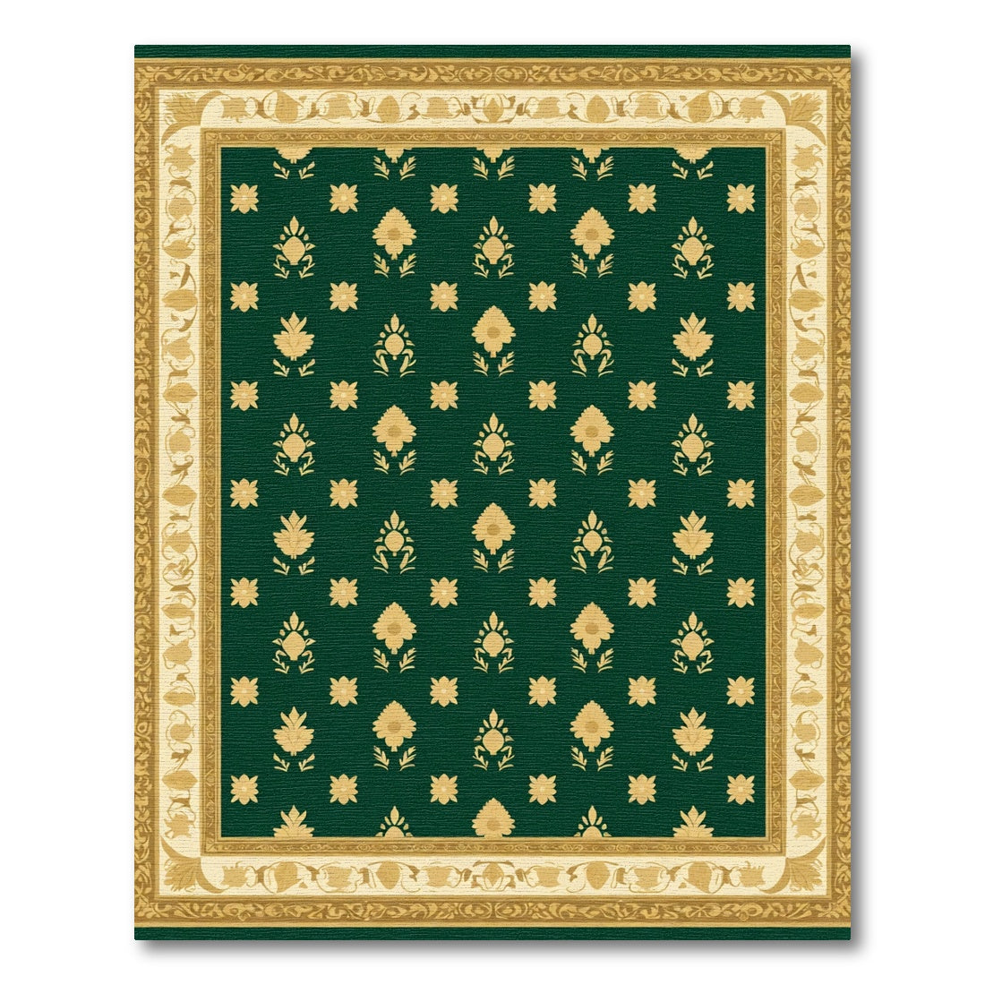 Deep Green Golden Floral Damask Rug