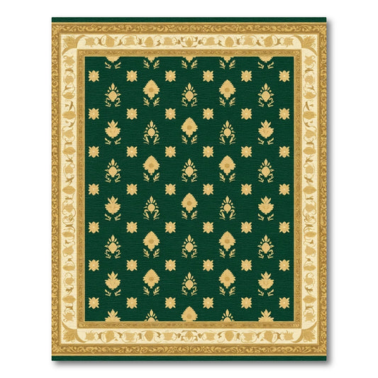 Deep Green Golden Floral Damask Rug