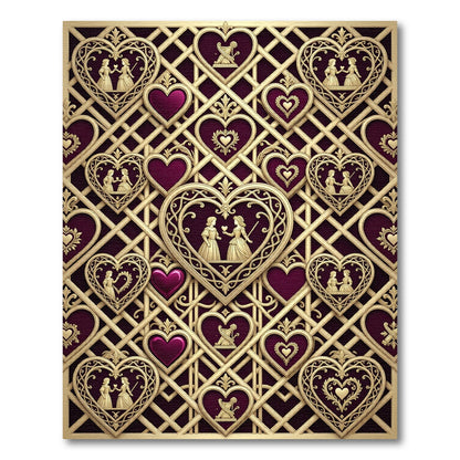 Ornate Gold Heart Lattice Crimson Rug