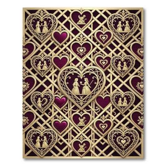 Ornate Gold Heart Lattice Crimson Rug