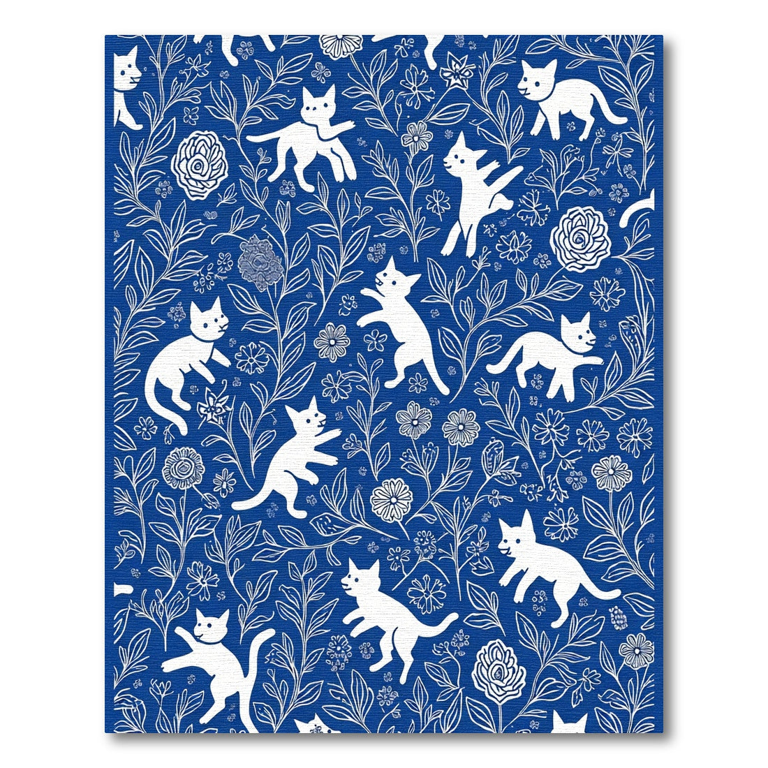 White Cats Blue Floral Garden Rug