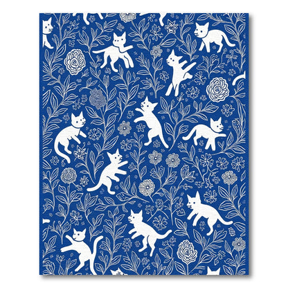 White Cats Blue Floral Garden Rug